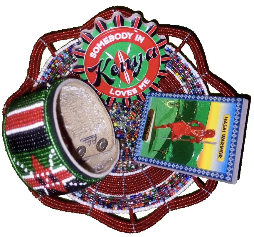Raffle items from Kenya: bracelet, basket and 2 magnets